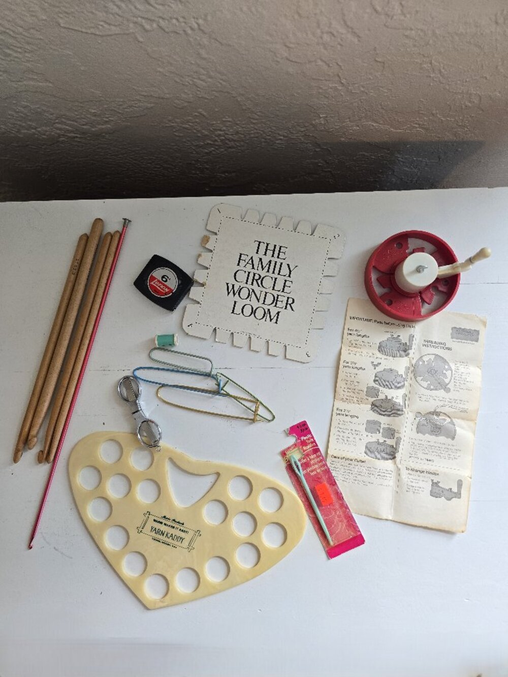 Vintage Crafting/Yarn Accessories Lot-Family Circle Loom Yarn Kaddy Hooks, Tools